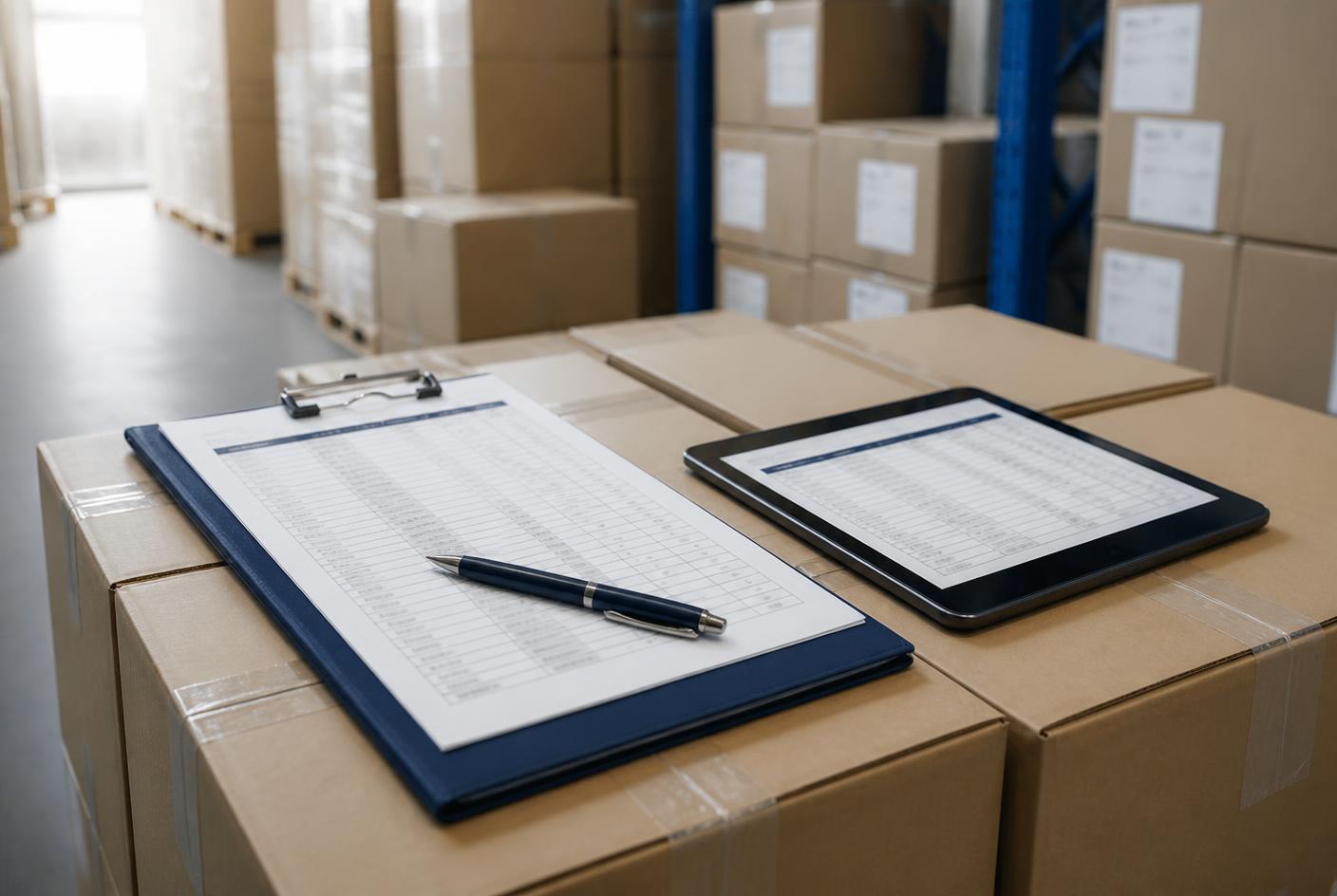 Voorraadlijst en tablet op gesloten dozen in een magazijn