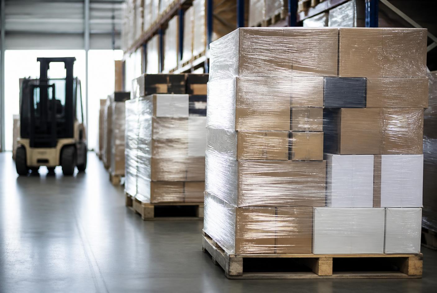 Gewikkelde pallets met dozen handelsgoederen in een magazijngang